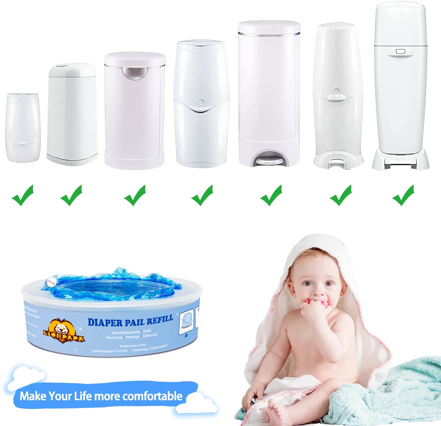 LIONPAPA Diaper Pail Refills for Diaper Genie Pails and Munchkin Diaper Pails 8 pack